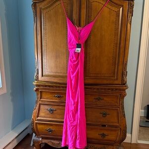 La Femme Neon Pink Evening Gown with Spaghetti Straps